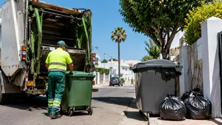 Operario recogiendo la basura en una calle de casas blancas.