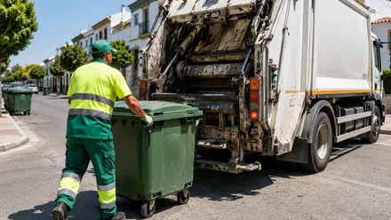 Camnión de basura y operario recogiendo las bolsas.