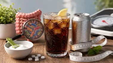 Bebida de cola sin azúcar en un vaso con hielo, también hay un reloj, un cuenco con azúcar, una lata sin marca y un molde de unos intestinos.