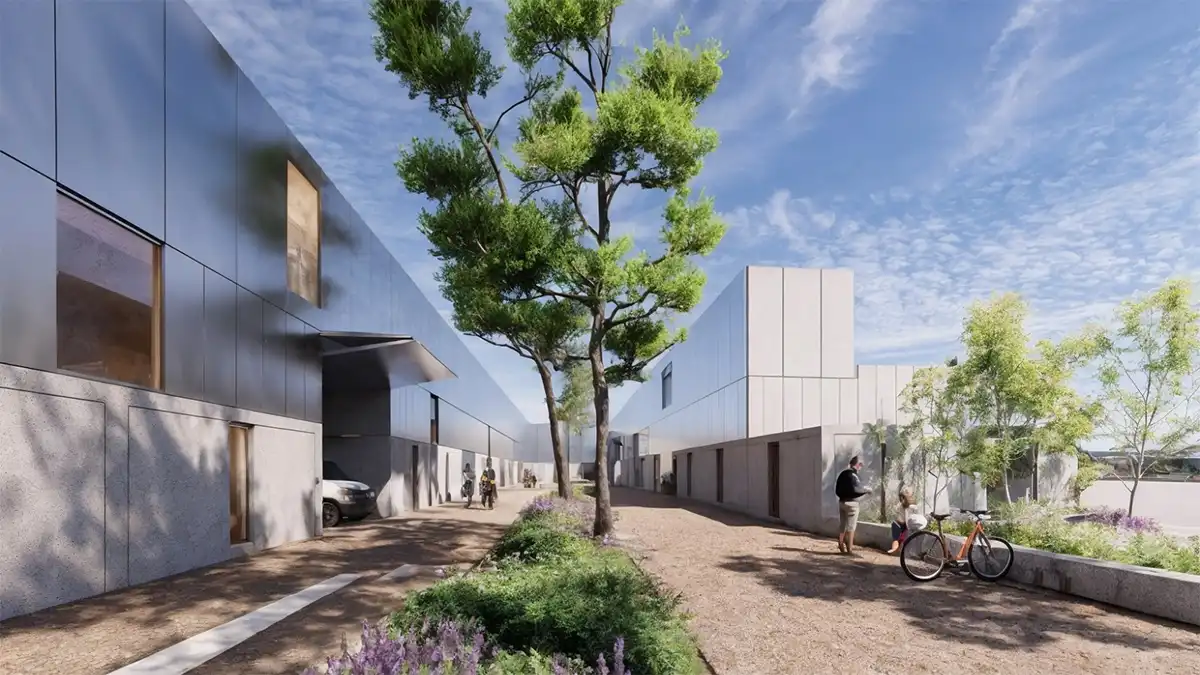 Recreación del patio bioclimático y de las zonas comunes del edificio ZF Blue Core, con espacios verdes y áreas destinadas al trabajo colaborativo.