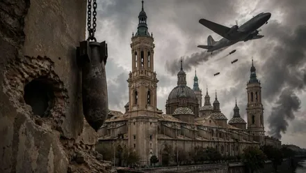 Avión bombardeando la ciudad de Zaragoza.