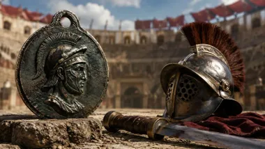 Una espada (un gladio) junto a un casco de gladiador y una medalla.