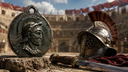 Una espada (un gladio) junto a un casco de gladiador y una medalla.