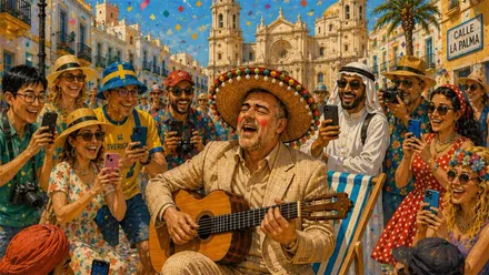 Cartel ilustrado del Carnaval de Verano de Cádiz 2026 en el que aparece un hombre con traje de cuadros tocando una guitarra en una calle del centro histórico, rodeado de confeti, turistas y aficionados que lo fotografían. En la parte superior figuran las fechas del 24 al 26 de julio y el nombre del evento.