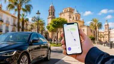 Persona con la aplicación de Cabify en el móvil llamando a un vehículo.