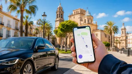 Persona con la aplicación de Cabify en el móvil llamando a un vehículo.