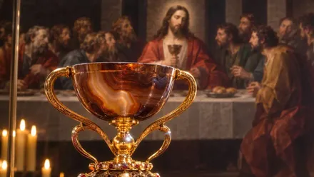 Cáliz de Valencia y tras este un cuadro de la Última Cena.