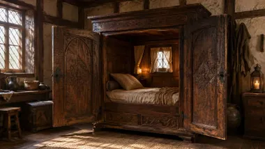 Un vetusto armario con una cama en su interior.