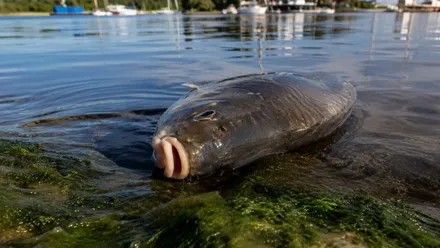 Pez muerto en un muelle.