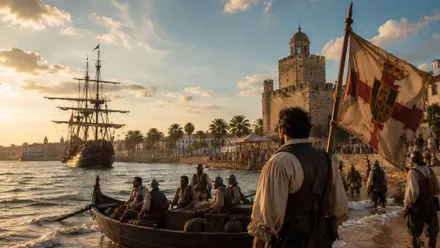 Barco y marineros de la Primera Vuelta al Mundo .