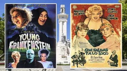 Plaza de España de Cádiz y los carteles de las dos películas que se proyectan.