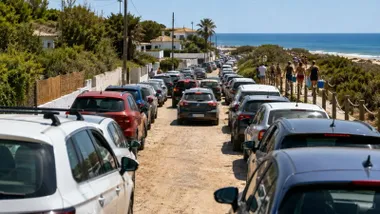 Cuesta en la que hay muchos vehículos, algunos mal aparcados y la playa al fondo.