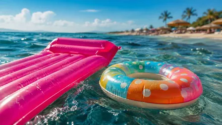 Colchoneta de color rosa y flotador estampado en una playa paradisiaca.