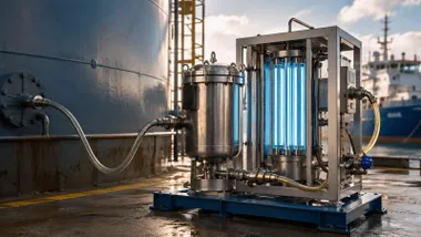 Aparato filtrando residuos de combustibles almacenados.
