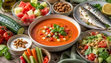 Plato de gazpacho junto a pescado y verduras.