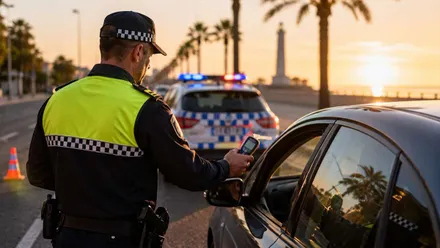 Control de alcoholemia con un policía local de pie junto a un vehículo, al fondo un faro.