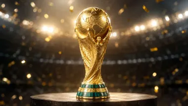 Copa dorada del mundo de fútbol en un estadio de noche con los focos encendidos.