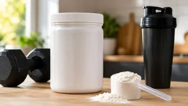 Un bote blanco de creatina junto a unas pesas.