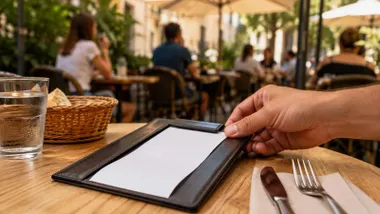 Bandeja con la cuenta de un restaurante y una mano cogiendo la misma.