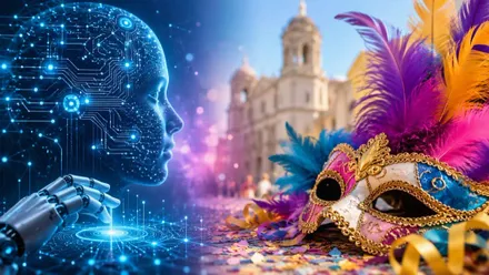 IA y máscara de carnaval al amparo de la Catedral de Cádiz.