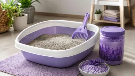 Arenero, en tonos blancos y violetas, junto con productos para el mismo.