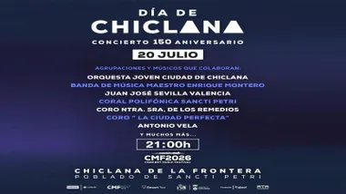Cartel en azul y letras blancas con los grupos musicales que tocarán en el 150 aniversario de la ciudad.