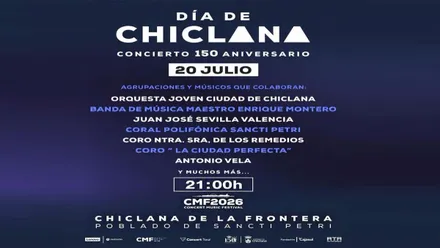 Cartel en azul y letras blancas con los grupos musicales que tocarán en el 150 aniversario de la ciudad.
