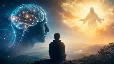 Hombre sentado, a la derecha la representación de Dios y a la izquierda un cerebro.