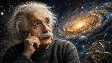 Albert Einstein en actitud pensativa, a su lado una galaxia.
