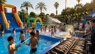 Niños jugando en un parque de agua y cerca un hombre haciendo sardinas.