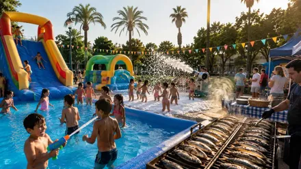 Niños jugando en un parque de agua y cerca un hombre haciendo sardinas.
