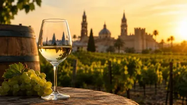 Copa de vino blanco y de fondo la ciudad.