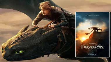 Chico volando sobre un dragón, a un lado el cartel de la película "Como entrenar a tu dragón".