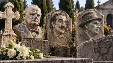 Cementerio con personajes como Groucho Marx.