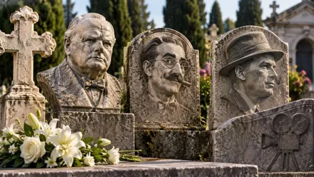 Cementerio con personajes como Groucho Marx.