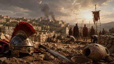 Soldados del Imperio Romano y, al fondo, humo sobre una ciudad tras la batalla.