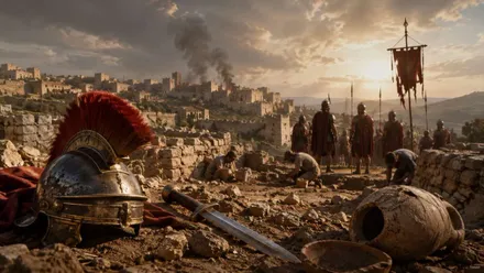 Soldados del Imperio Romano y, al fondo, humo sobre una ciudad tras la batalla.