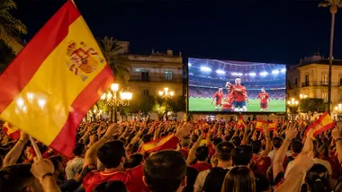 Pantalla y aficionados celebrando la victoria de España.
