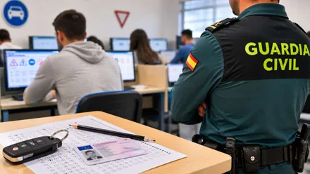 Guardia Civil vigila a las personas examinándose del carnet de conducir.