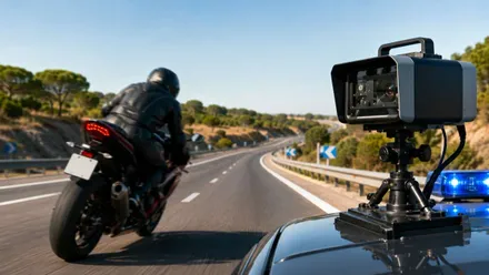 Velocímetro de la Guardia Civil en un control y una moto negra detectada a gran velocidad.
