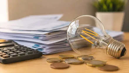 Facturas de la luz, una bombilla y una calculadora, señal de ahorro en las casas.