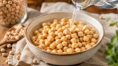 Garbanzos en un plato al que se le añade agua para ablandarlos.