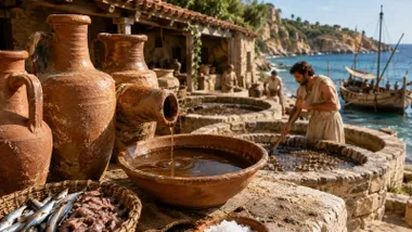 Diferentes cuencos y vasijas para fabricar garum, al fondo un barco comercial.