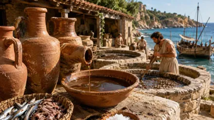 Diferentes cuencos y vasijas para fabricar garum, al fondo un barco comercial.