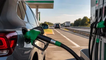 Vehículo repostando gasolina sin plomo 95, con la manga verde, en una gasolinera junto a una carretera, parece una autopista.