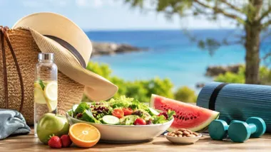 El mar, un sombrero y fruta, para un verano de hábitos saludables.