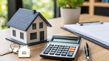Una casa pequeña junto a una calculadora.