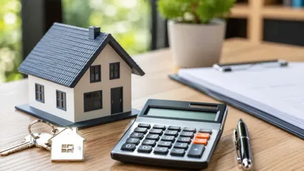 Una casa pequeña junto a una calculadora.