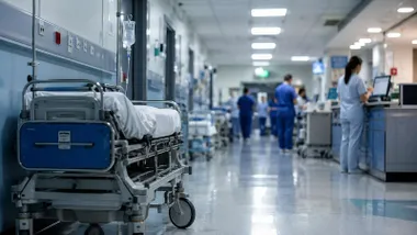 Cama en un pasillo de un hospital.
