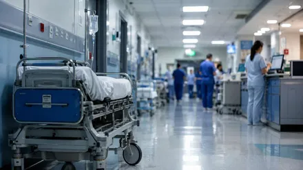 Cama en un pasillo de un hospital.